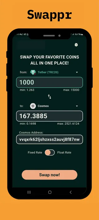 Swappr app swap screen: USDT (TRC20) to Cosmos with estimated amount, limits and Swap now button