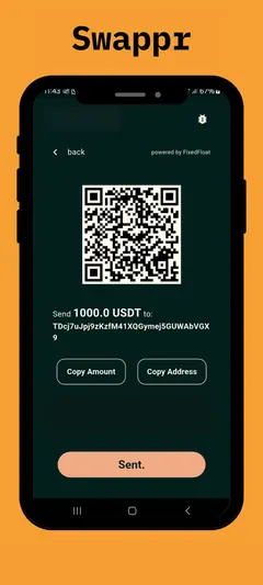 Swappr screenshot: Deposit screen with QR code, copy buttons and “powered by FixedFloat”