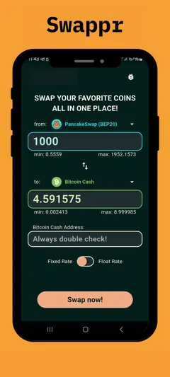 Swappr screenshot: PancakeSwap (BEP20) to Bitcoin Cash with Fixed or Float rate