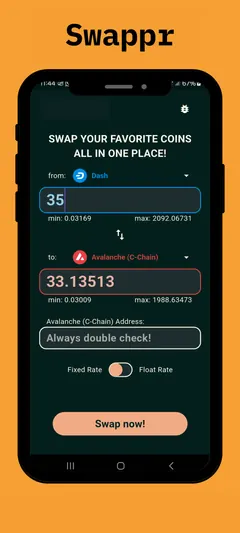 Swappr screenshot: Dash to Avalanche (C-Chain) swap form